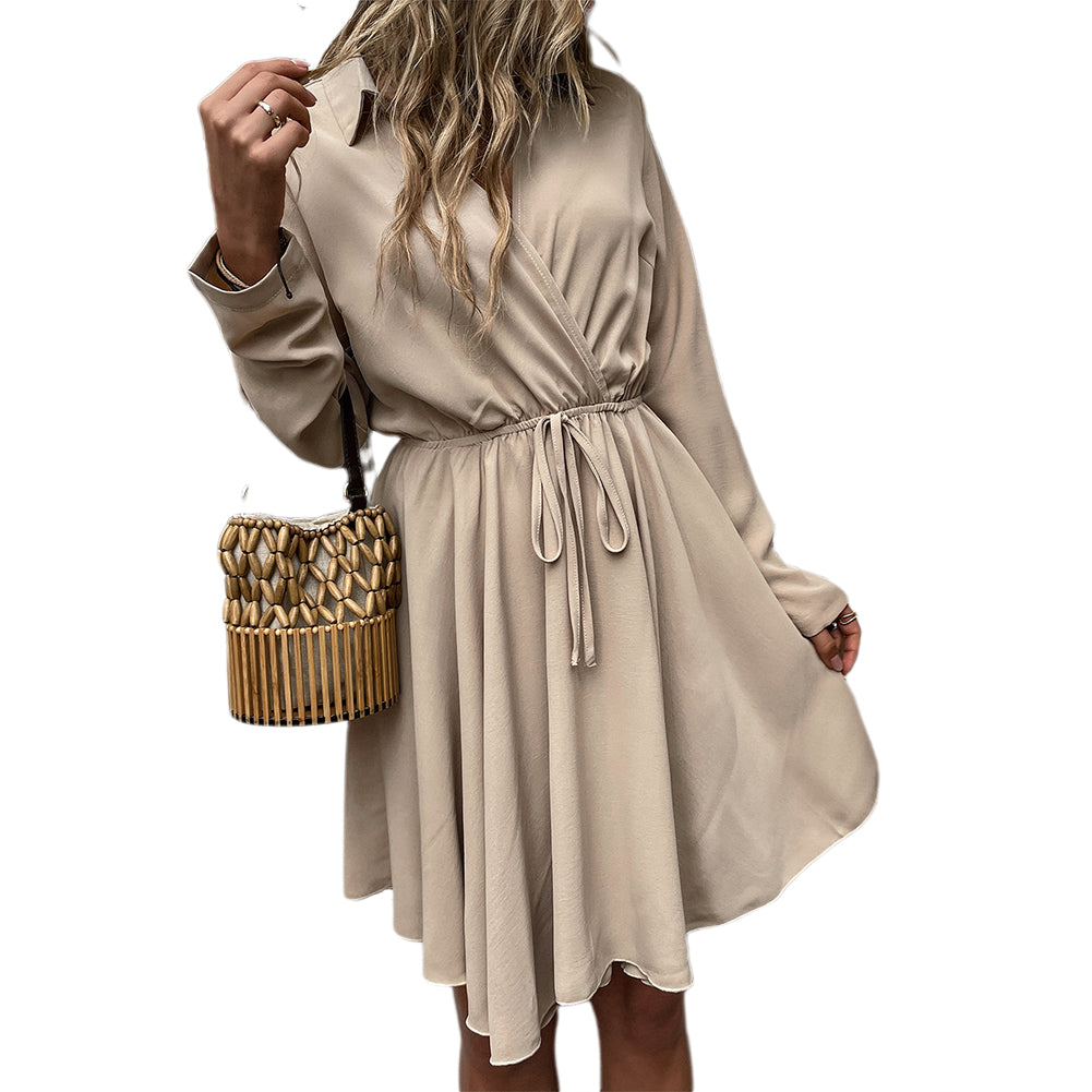 Alternative view of Women Solid Color Lapel Strap Waist Waist Pleated Dress