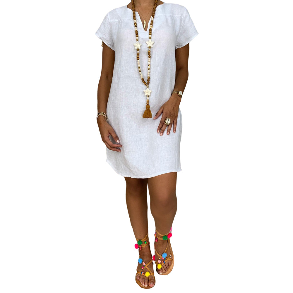 Solid Color Short-sleeved V-neck Cotton Dress