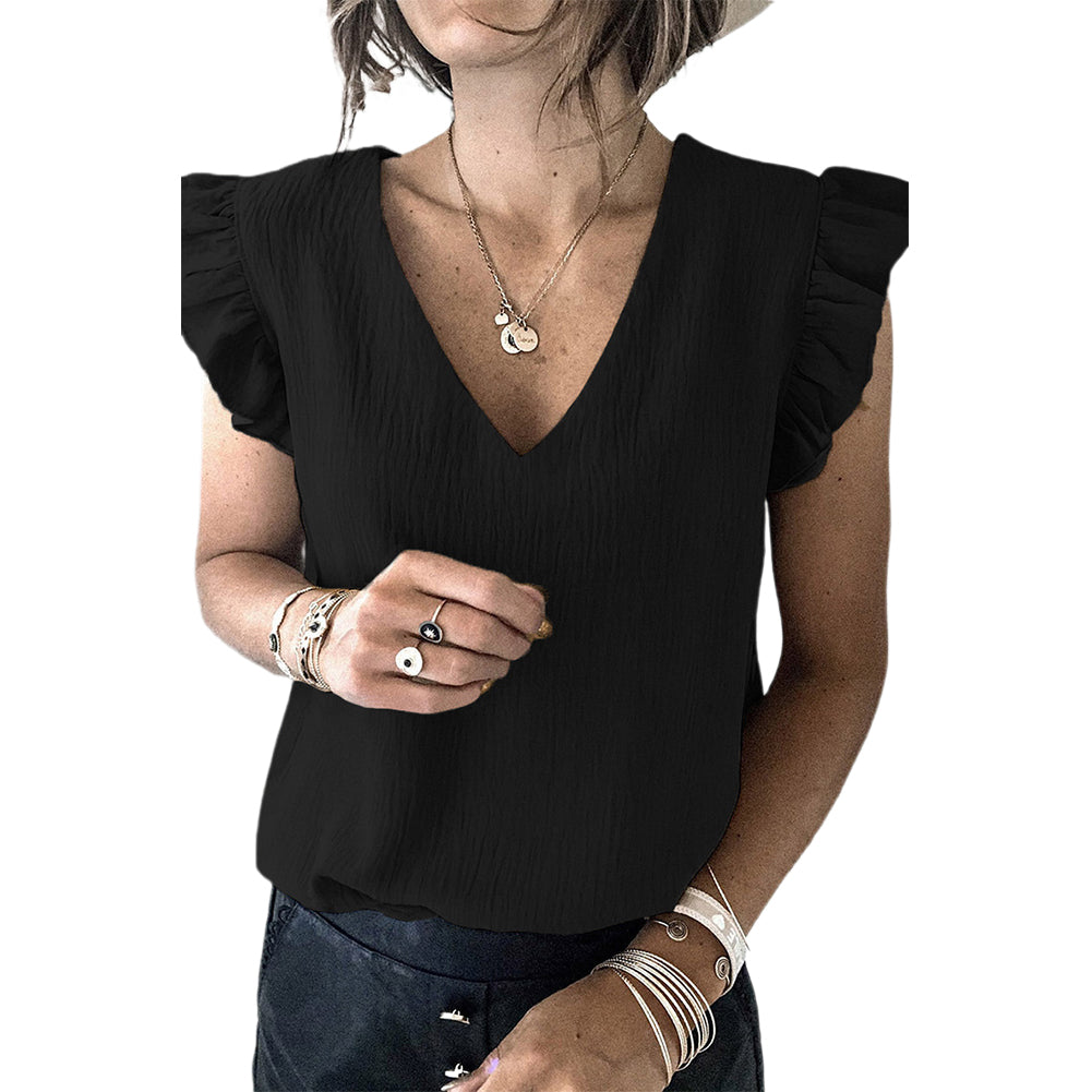 Solid Color V-neck Pullover Ruffled Sleeve Tops