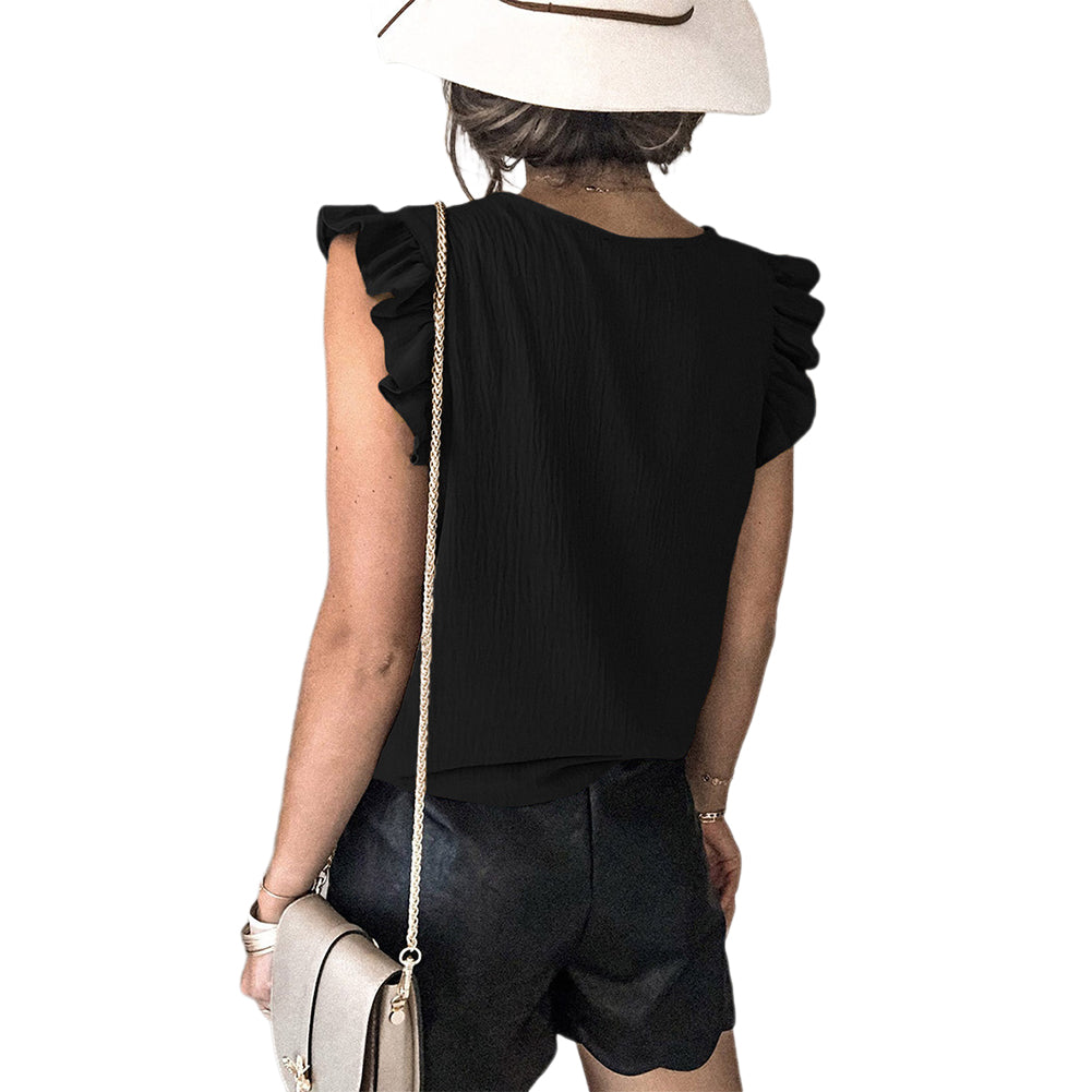 Alternative view of Solid Color V-neck Pullover Ruffled Sleeve Tops