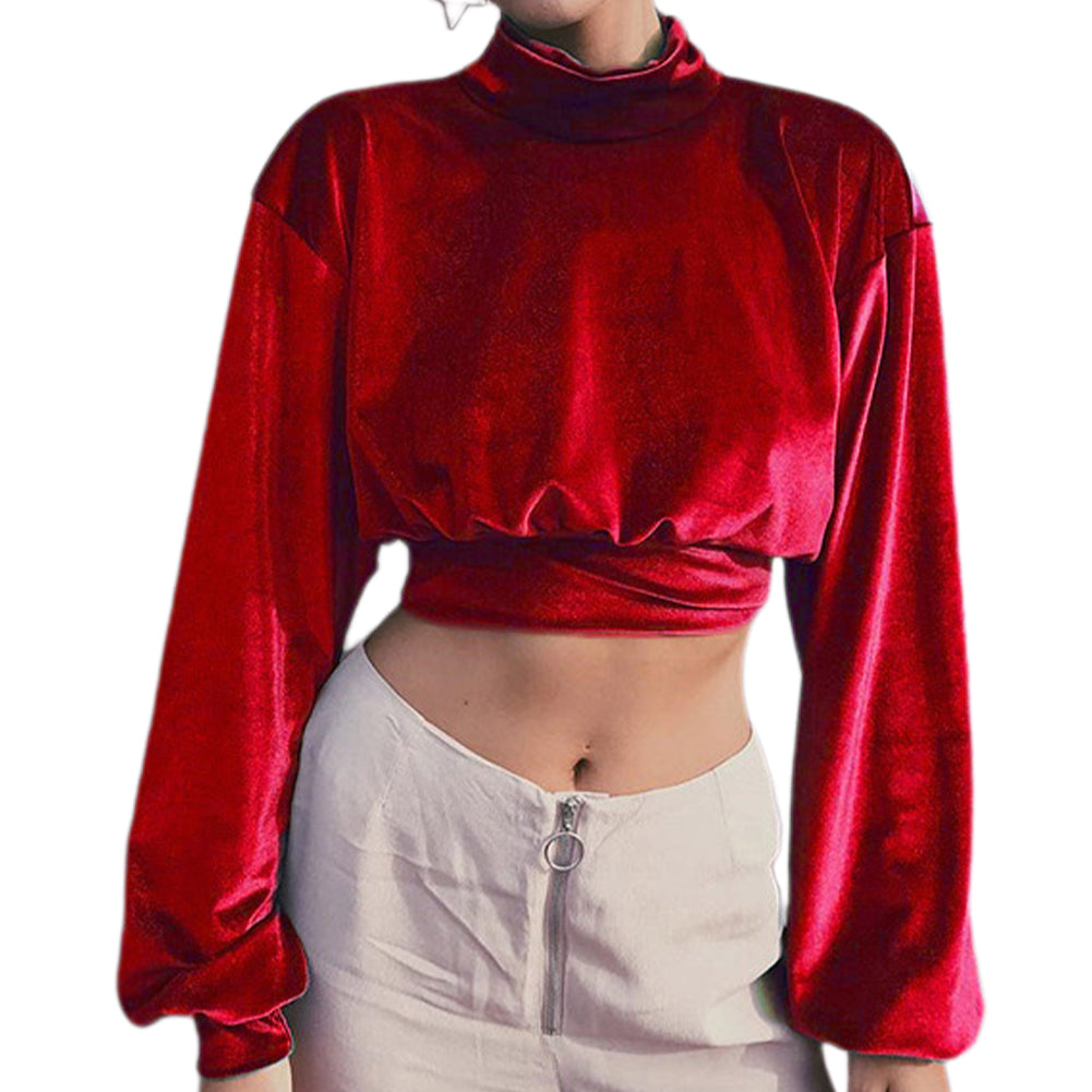 Alternative view of Women Fashion Turtleneck Velvet Cropped Sweatshirts