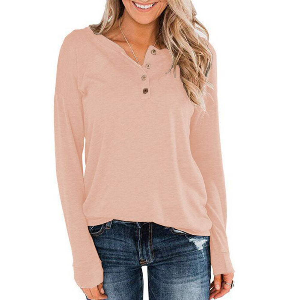Alternative view of Long Sleeve Round Neck Pullover Button Tops Pink