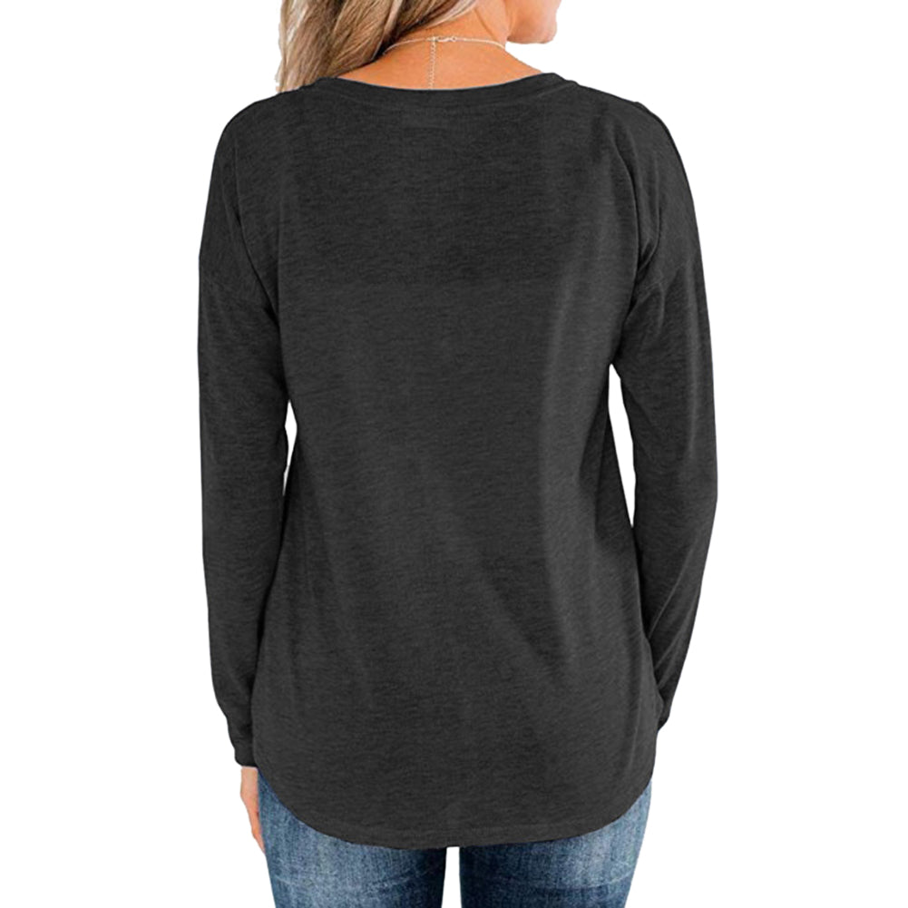 Long Sleeve Round Neck Pullover Button Tops Khaki