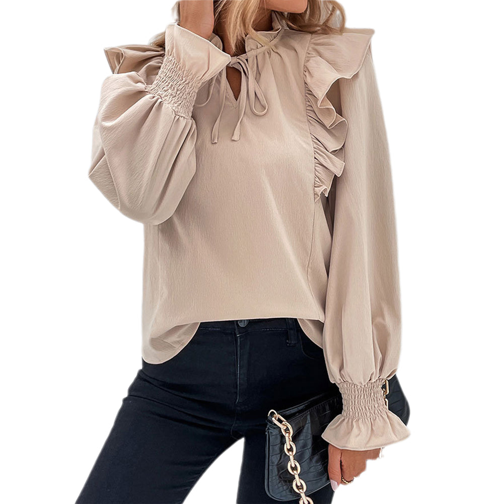 2023 Spring Tops Ruffled Long-sleeved Solid Color Shirt