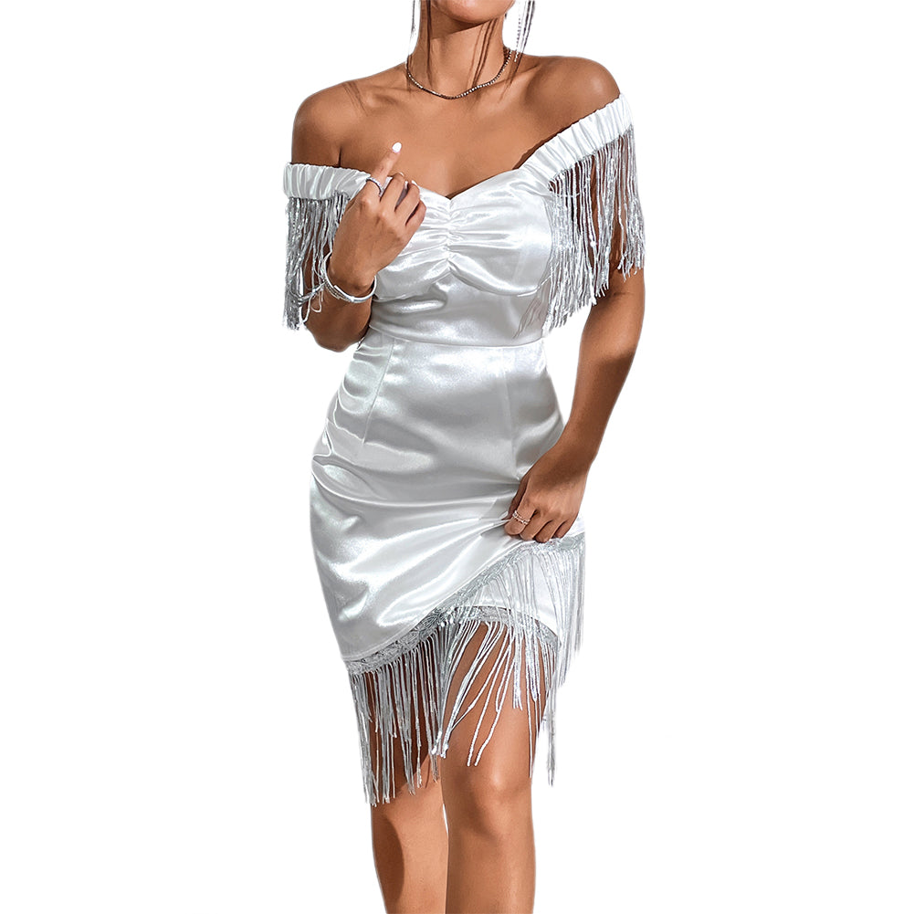 Alternative view of New One Shoulder Stitching Tassel Party Dress
