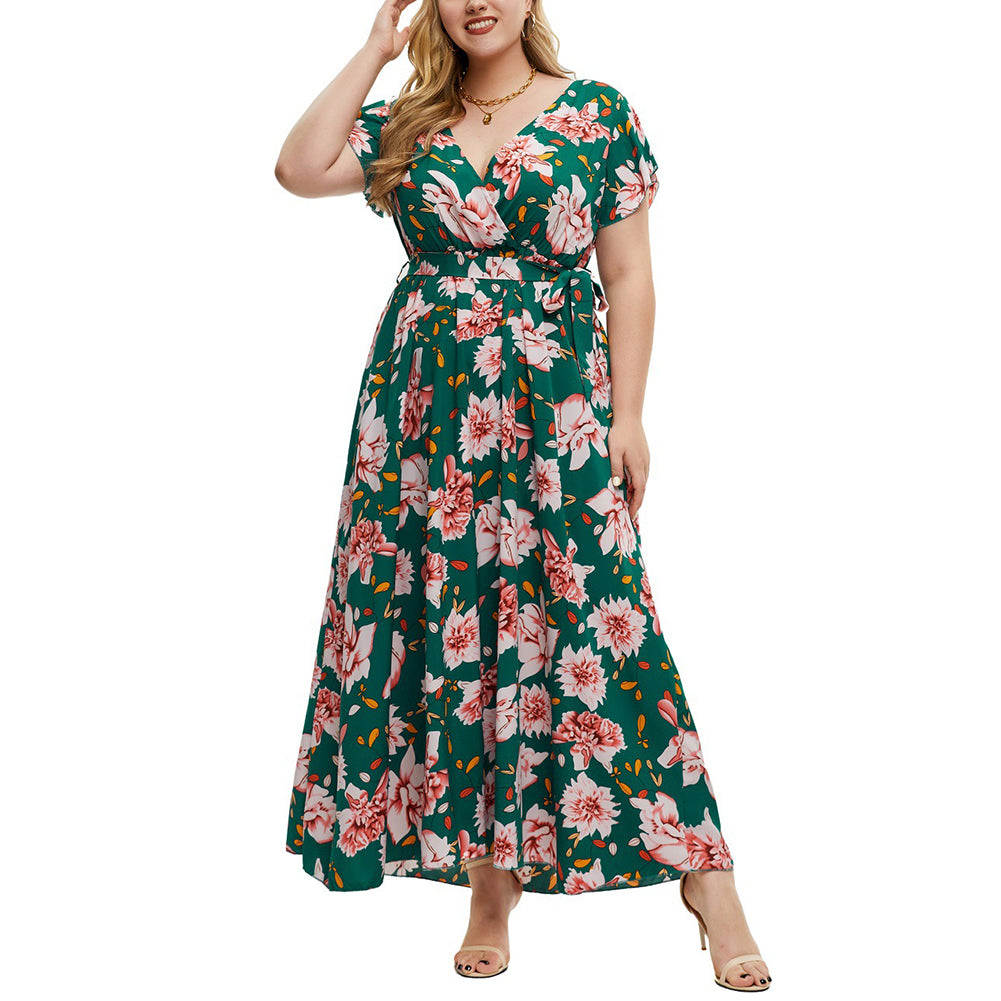 Plus Size Women Summer New Short-sleeved Printed Slit Dress
