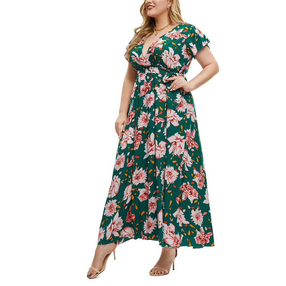 Alternative view of Plus Size Women Summer New Short-sleeved Printed Slit Dress