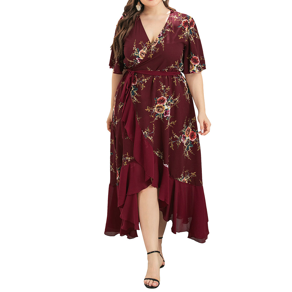 Alternative view of Plus Size Women V-neck Ruffled Irregular Print Dress Long Skirt
