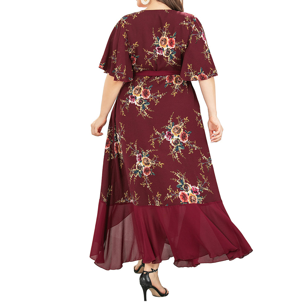 Plus Size Women V-neck Ruffled Irregular Print Dress Long Skirt