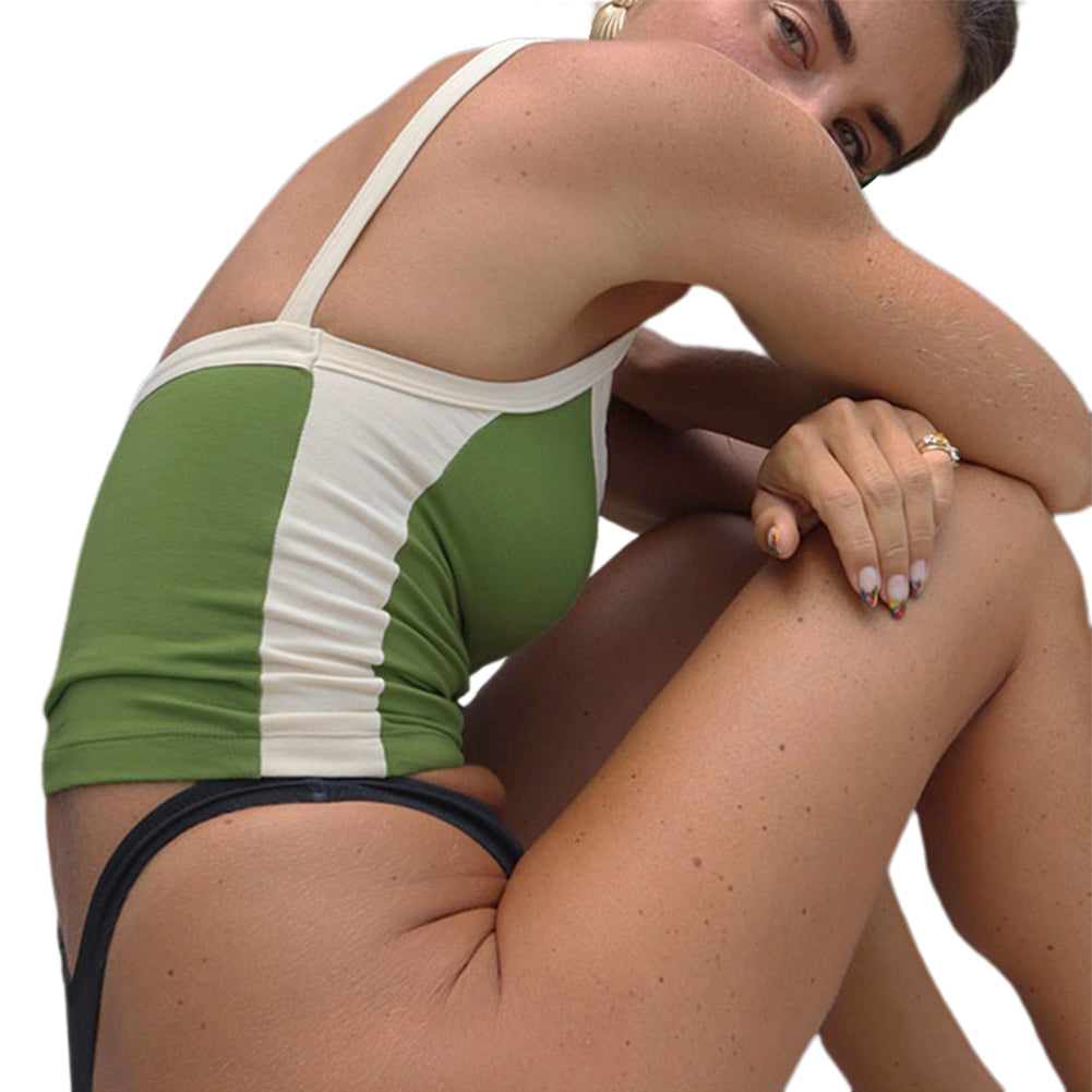 Basic Color Contrast Stitching One-line Neck Tops - Image 4