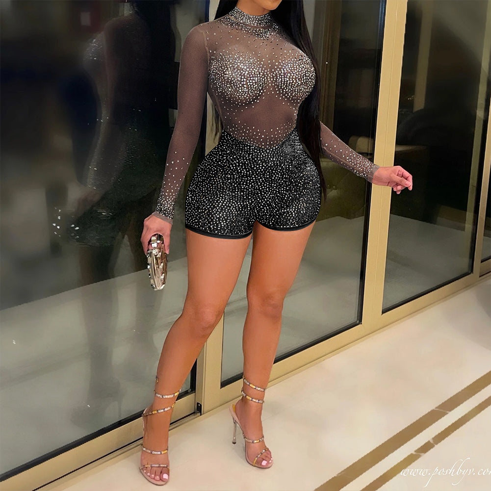 Sexy Nightclub Evening Hot Diamond See-through Jumpsuit Pants