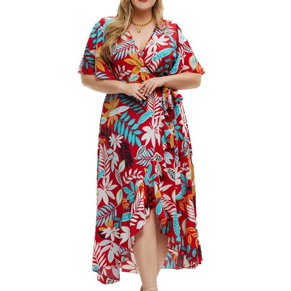 Women Short Sleeve Resort Style Printed Wrap Dress