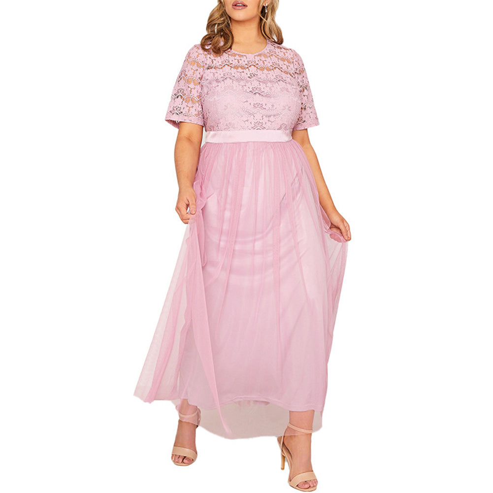 Women Plus Size Hollow Out Lace Sweet Princess Style Long Dress - Image 3