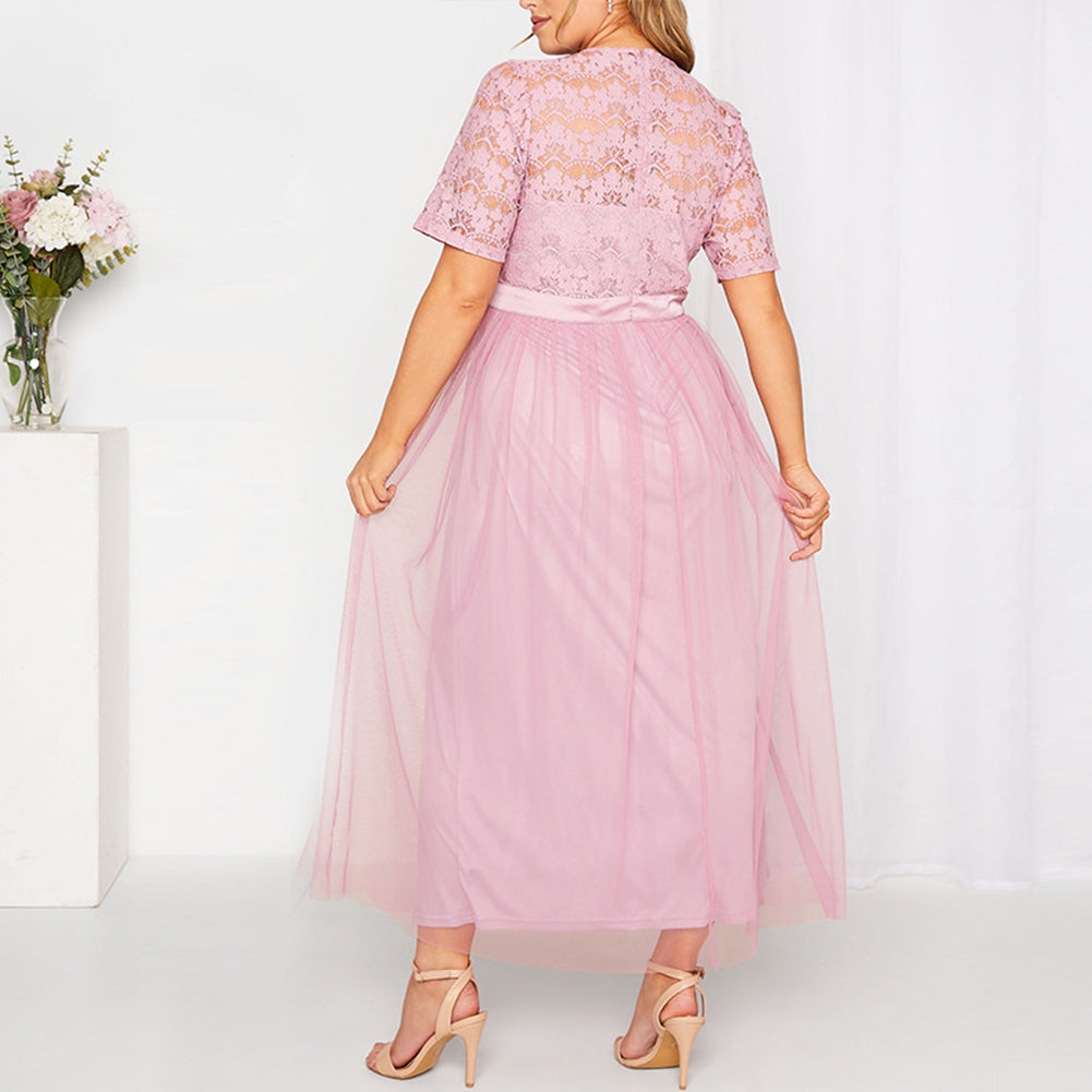 Women Plus Size Hollow Out Lace Sweet Princess Style Long Dress - Image 4