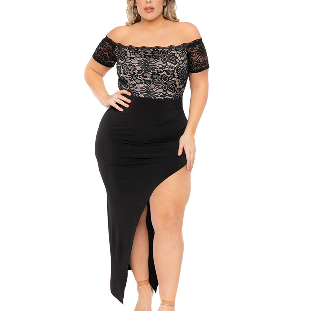 Women Plus Size Slit Hollow Out Lace High Waist Dress - Image 4