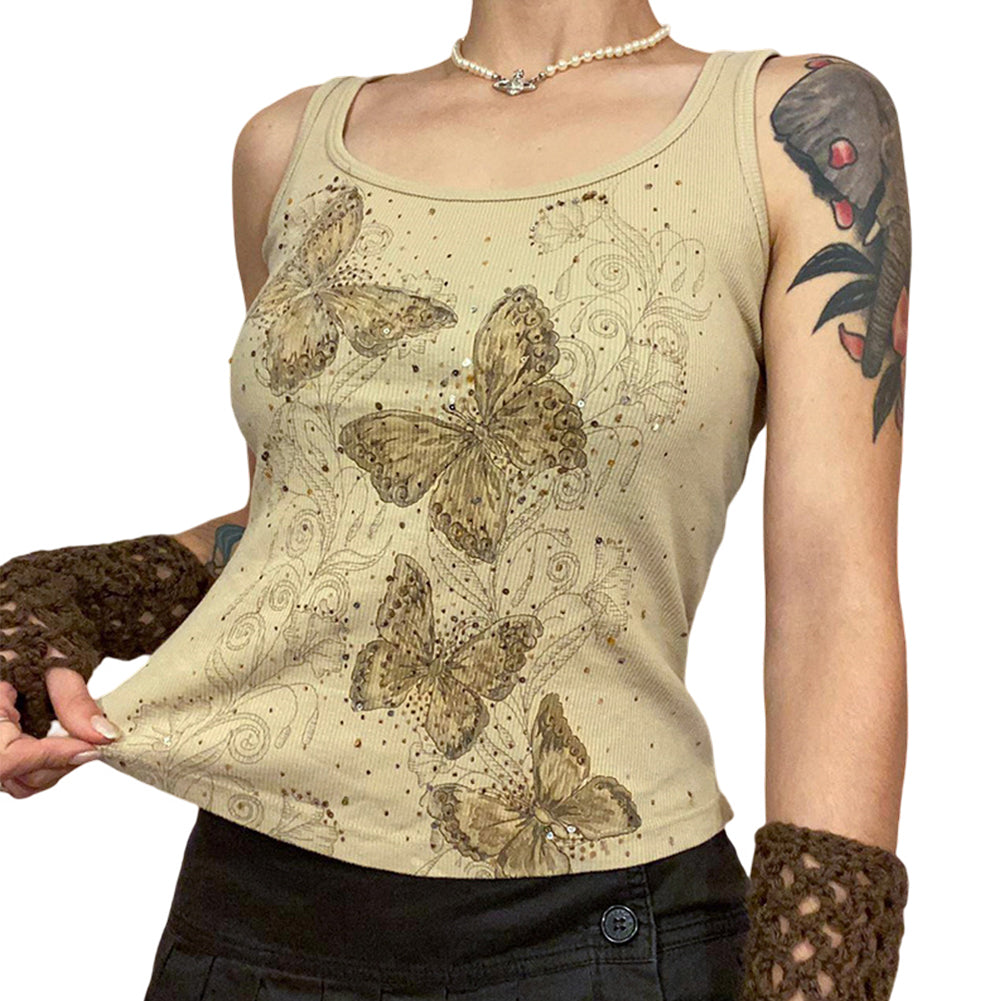 2023 Spring Retro Butterfly Printed Round Neck Slim Tops - Image 3