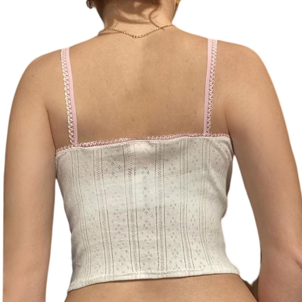 Alternative view of Fresh Lace Stitching Pink Thin Shoulder Strap Vest Tops
