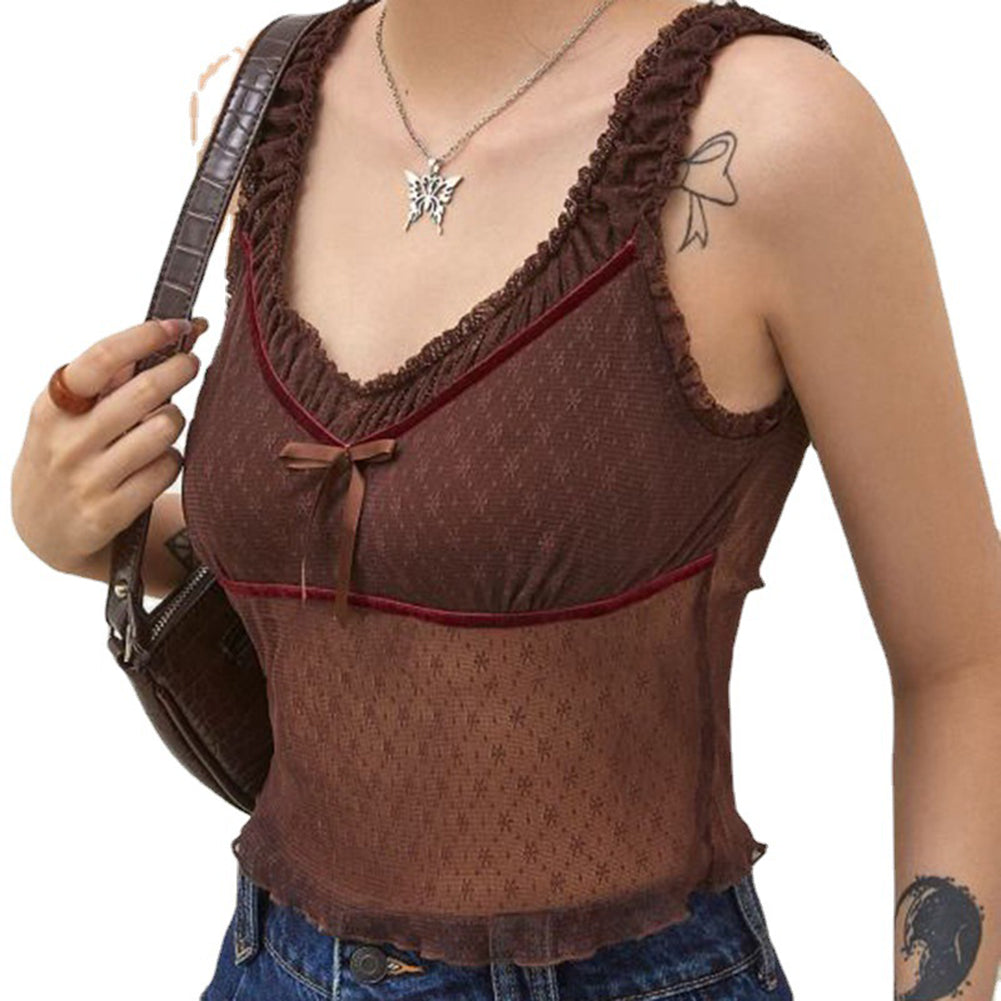 Alternative view of Lace Pleated Bow Vest Sexy V-neck Millennium Hot Girl Tops