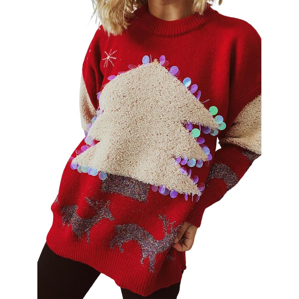 Womens Ugly Christmas Sweater Novelty Sequined Crew Neck Handmade Christmas Tree Deer Jacquard Pullover Sweater Red L