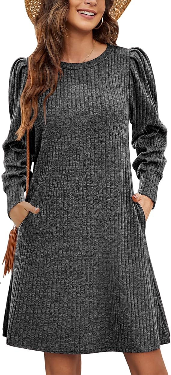Womens Crew Neck Fall Dresses Long Sleeve Casual Sweater Short Dress Puff Sleeve Knit Tunic Dress Khaki XL